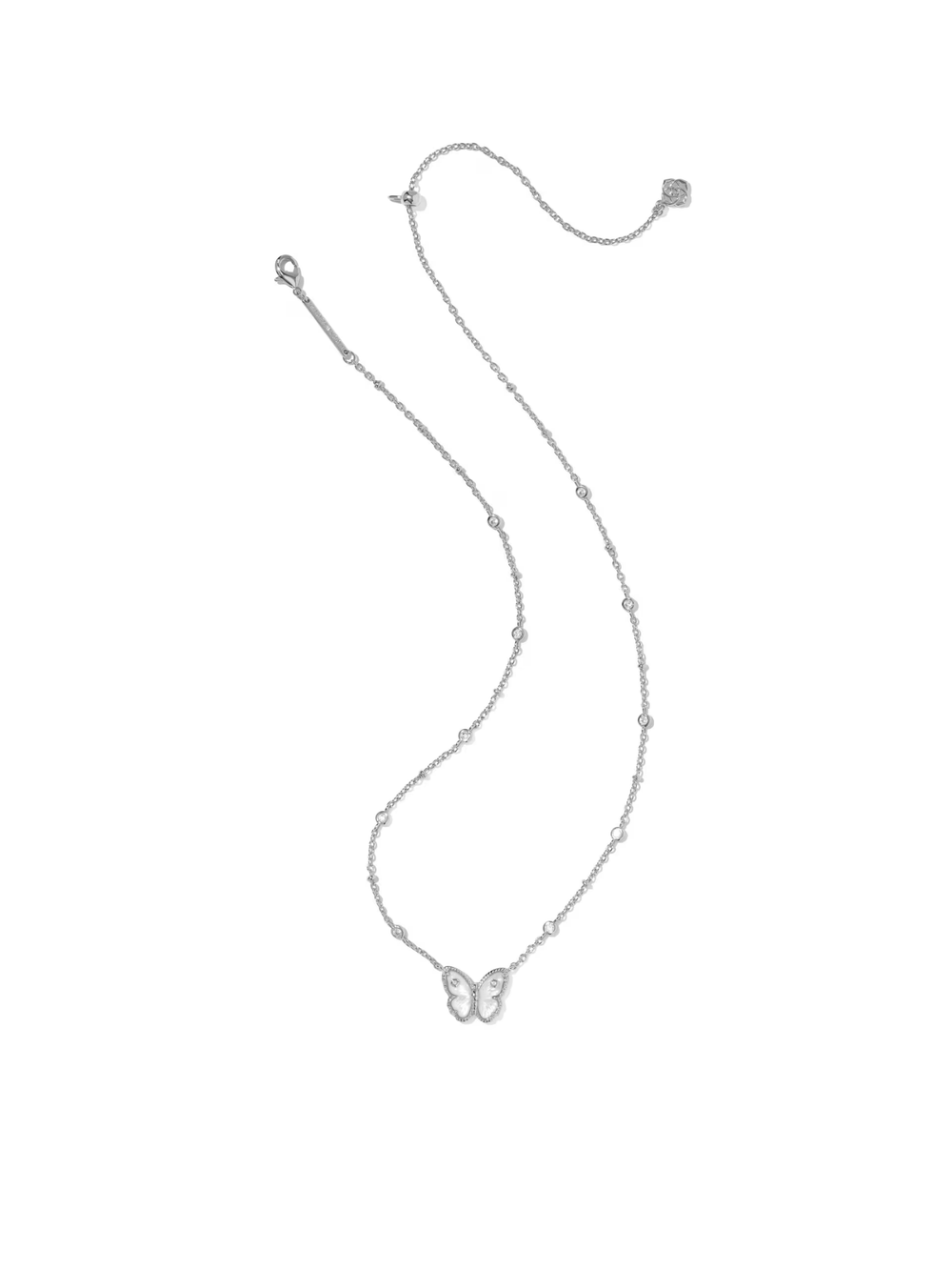 Silver butterfly necklace on a white background