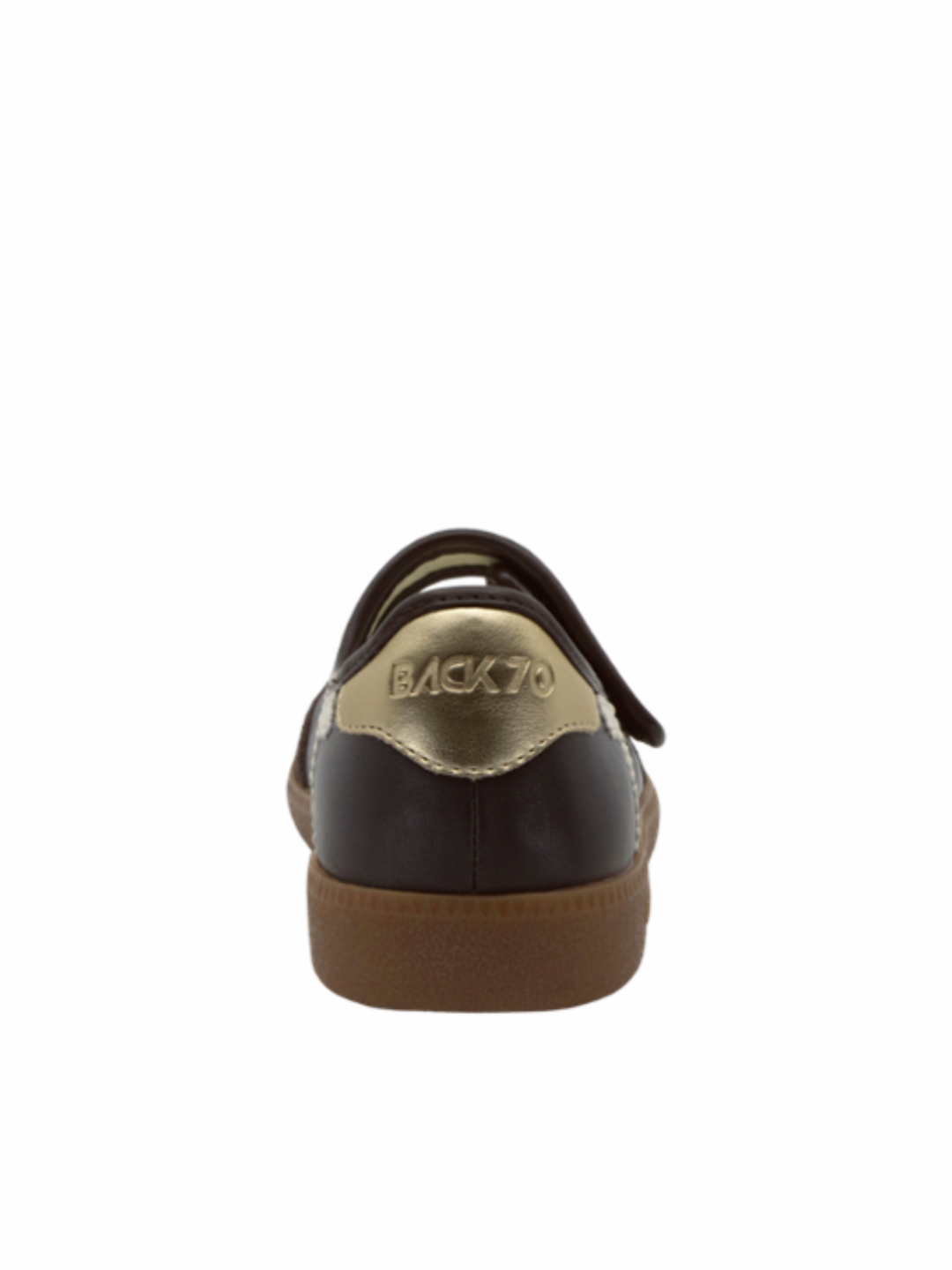 A single Back To School shoe shown from the back, featuring a dark brown leather upper with a metallic gold heel tab and a brown sole, set against a plain white background.