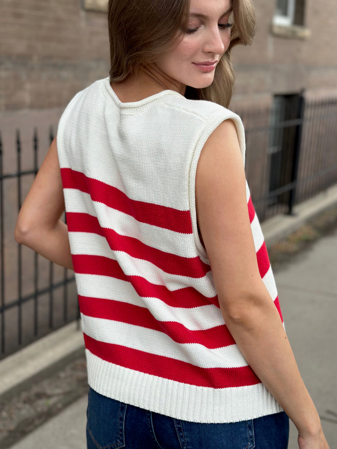 Sleeveless Stripe Side Gold Button Sweater