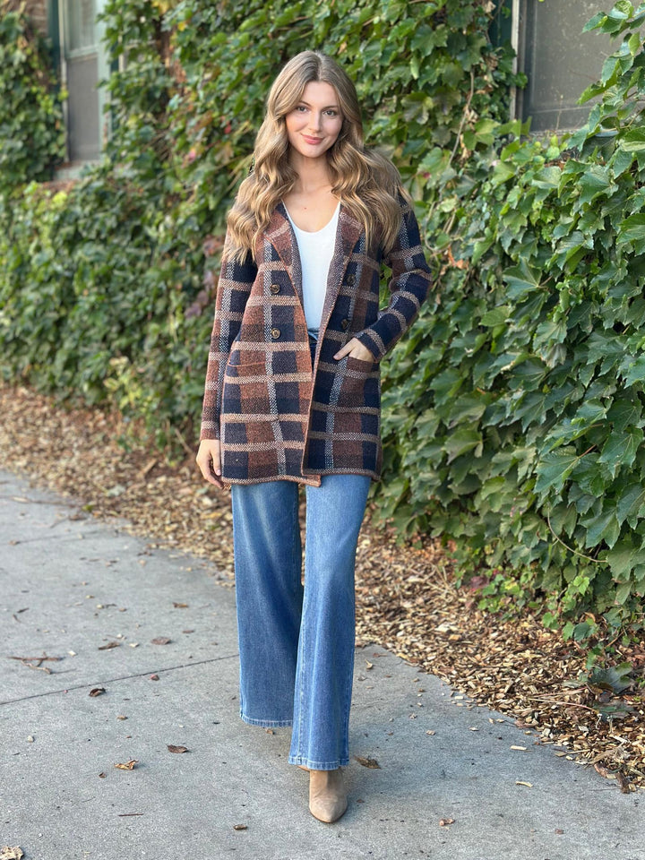 Check Jacquard Open Front Cardigan