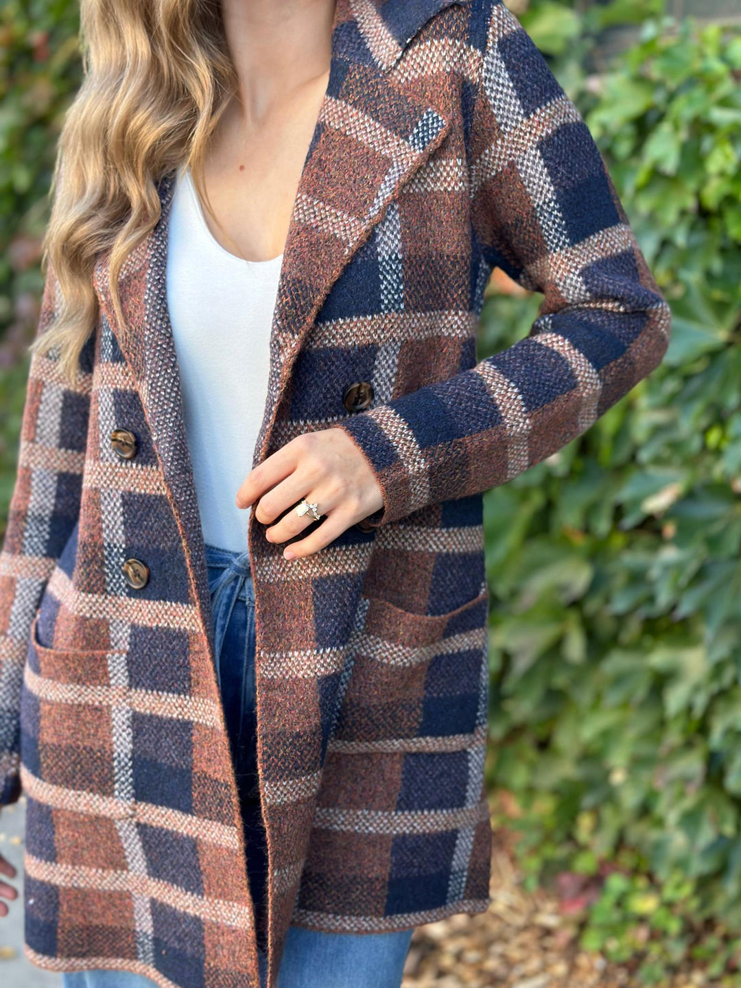 Check Jacquard Open Front Cardigan