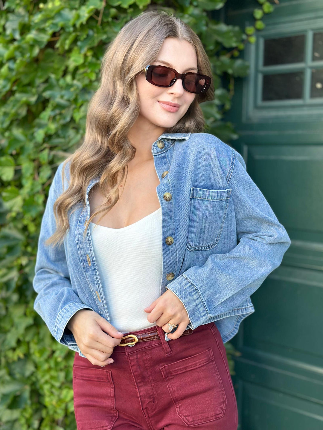 Acid Wash Collared Long Sleeve Boxy Denim Shirt