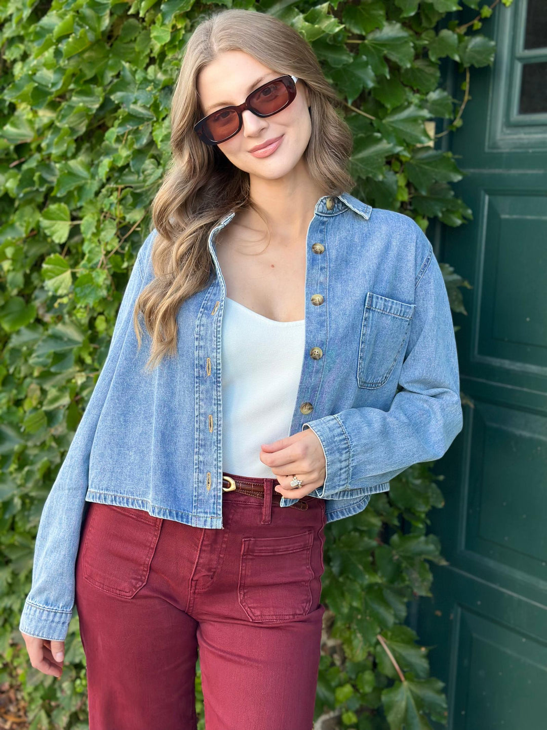 Acid Wash Collared Long Sleeve Boxy Denim Shirt