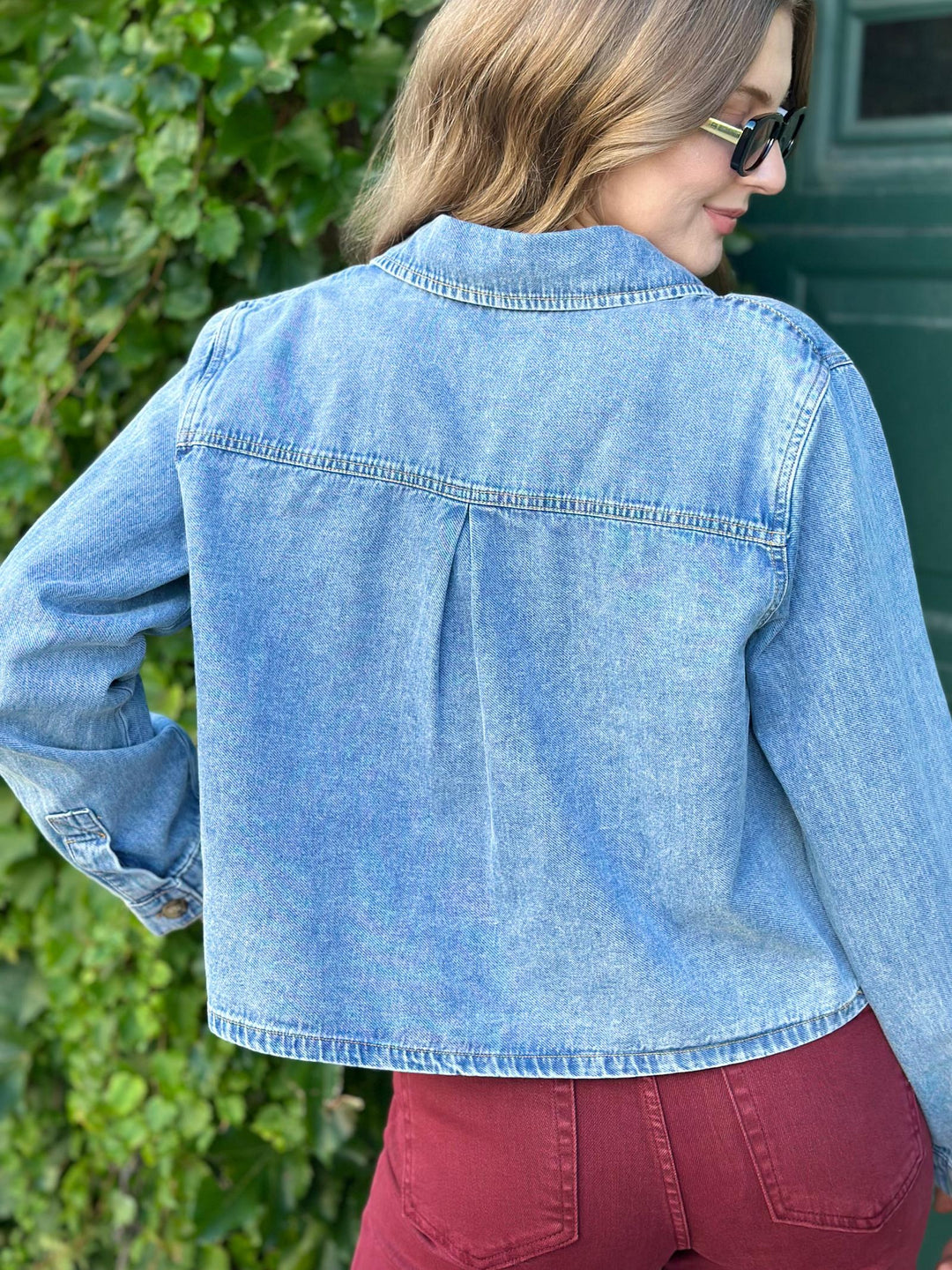 Acid Wash Collared Long Sleeve Boxy Denim Shirt