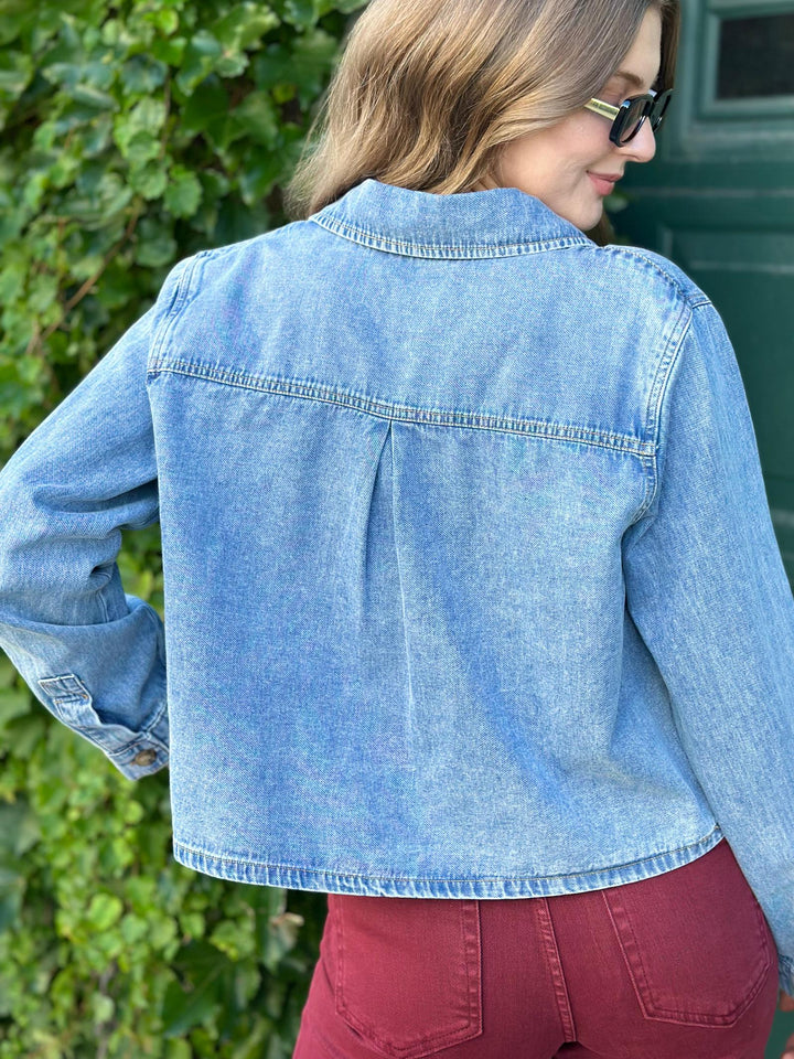 Acid Wash Collared Long Sleeve Boxy Denim Shirt