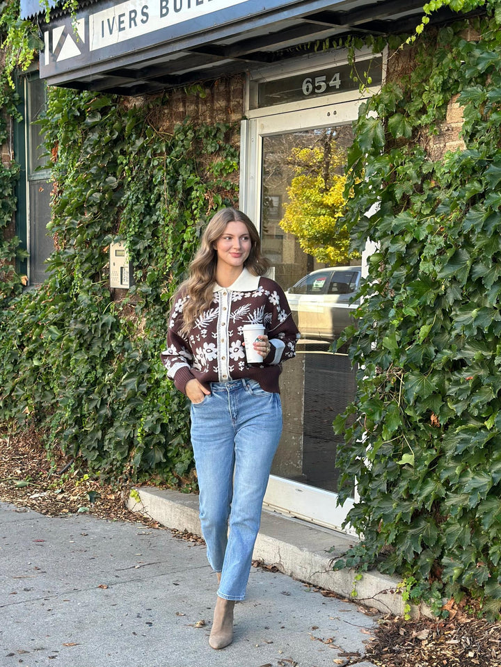 Floral Jacquard Collared Cardigan