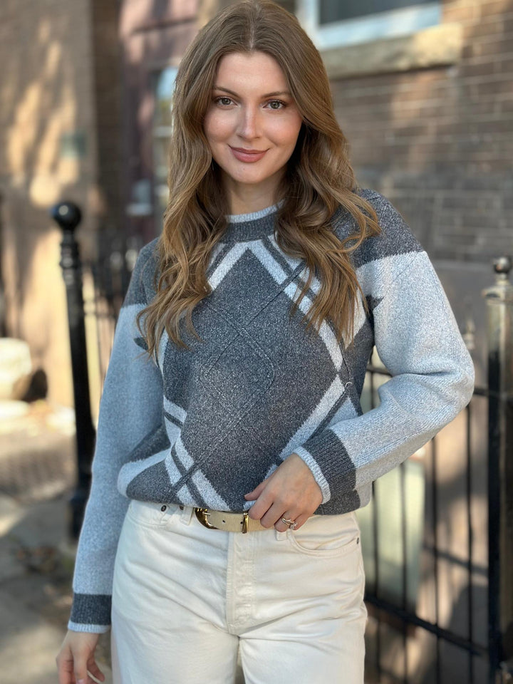 Democracy Long Sleeve Mock Neck Argyle Sweater