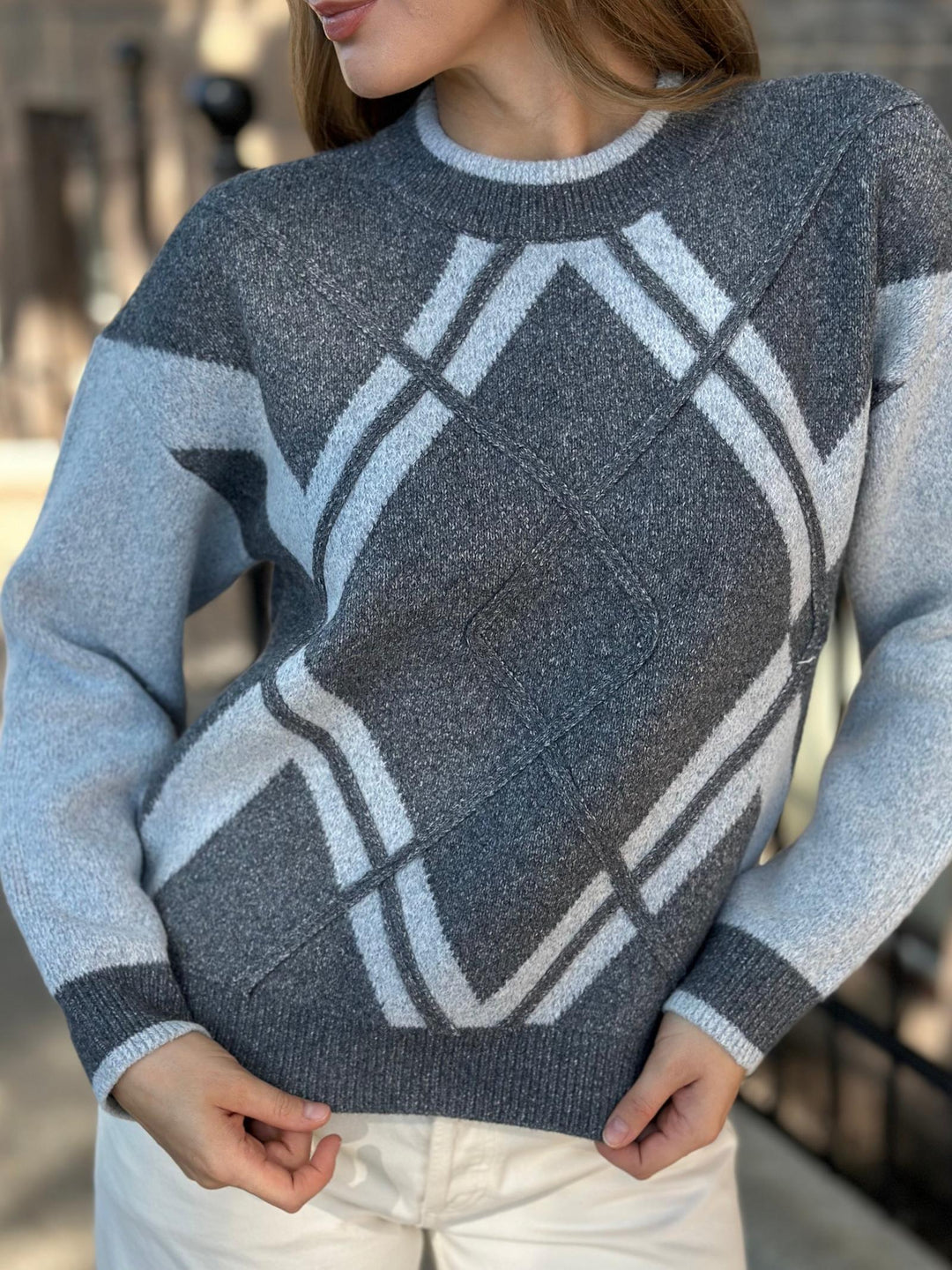 Democracy Long Sleeve Mock Neck Argyle Sweater
