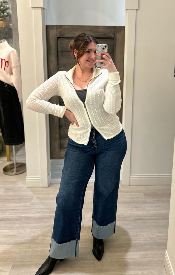 cable knit zip through top