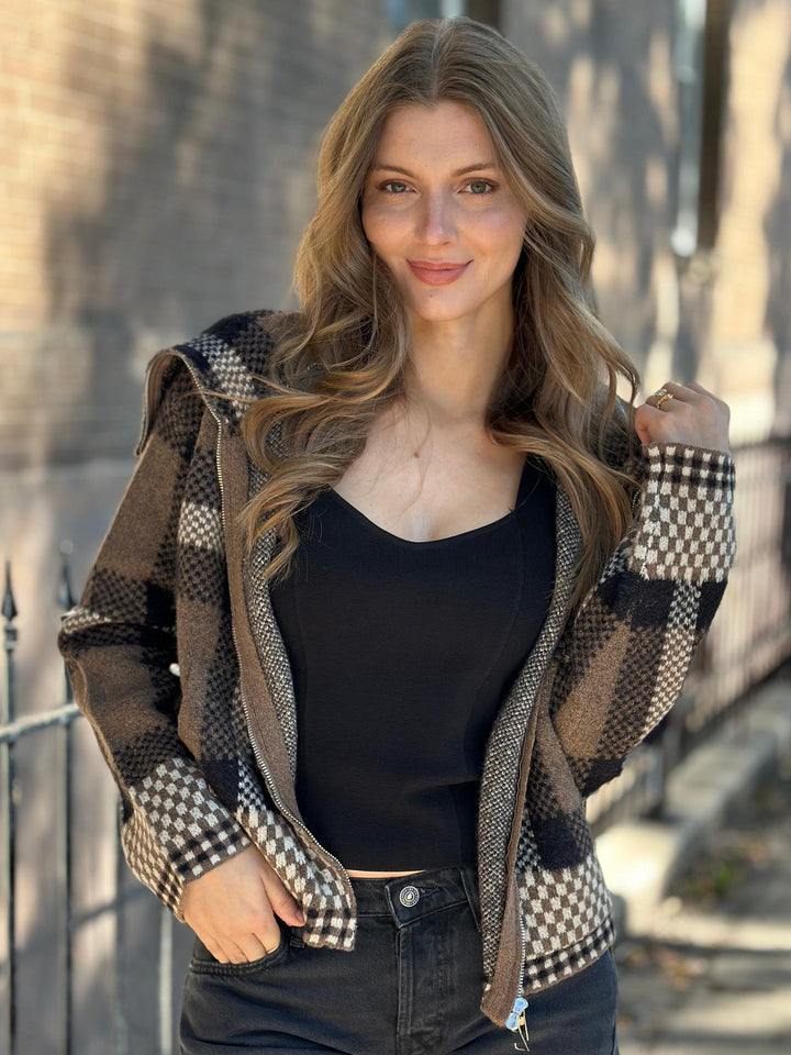 Wide Collar Plaid Zip Up