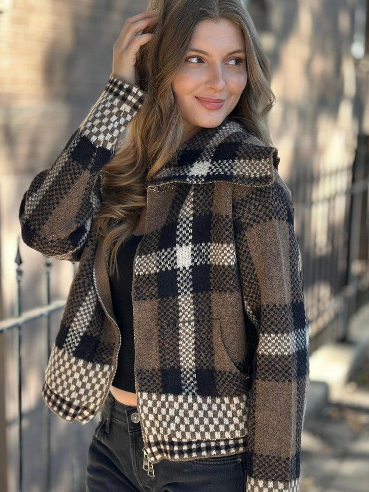 Wide Collar Plaid Zip Up