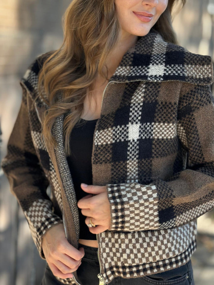 Wide Collar Plaid Zip Up