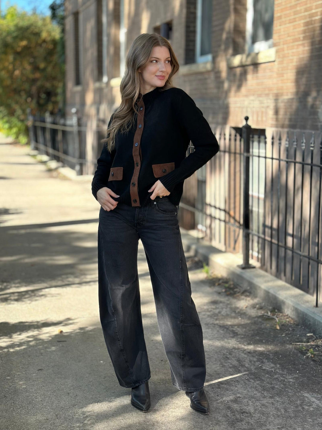 Suede Accented Mock Neck Button Down Coat