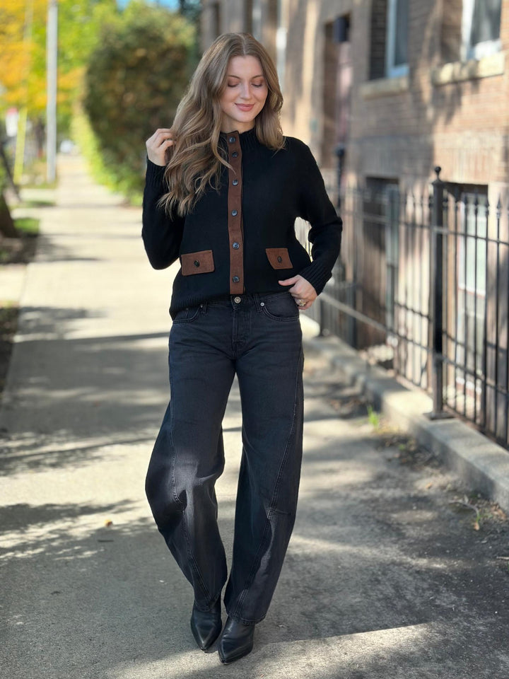 Suede Accented Mock Neck Button Down Coat