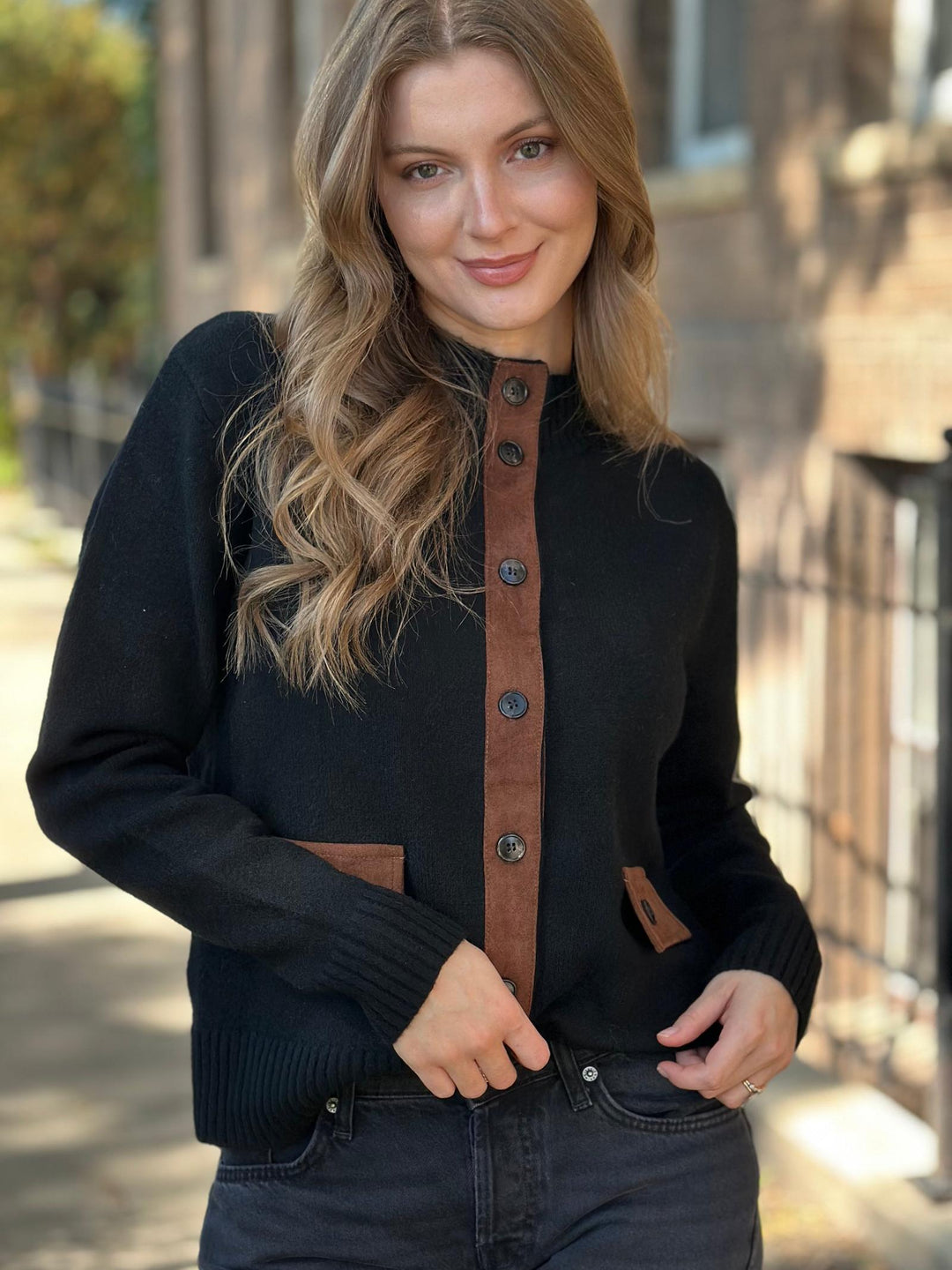 Suede Accented Mock Neck Button Down Coat