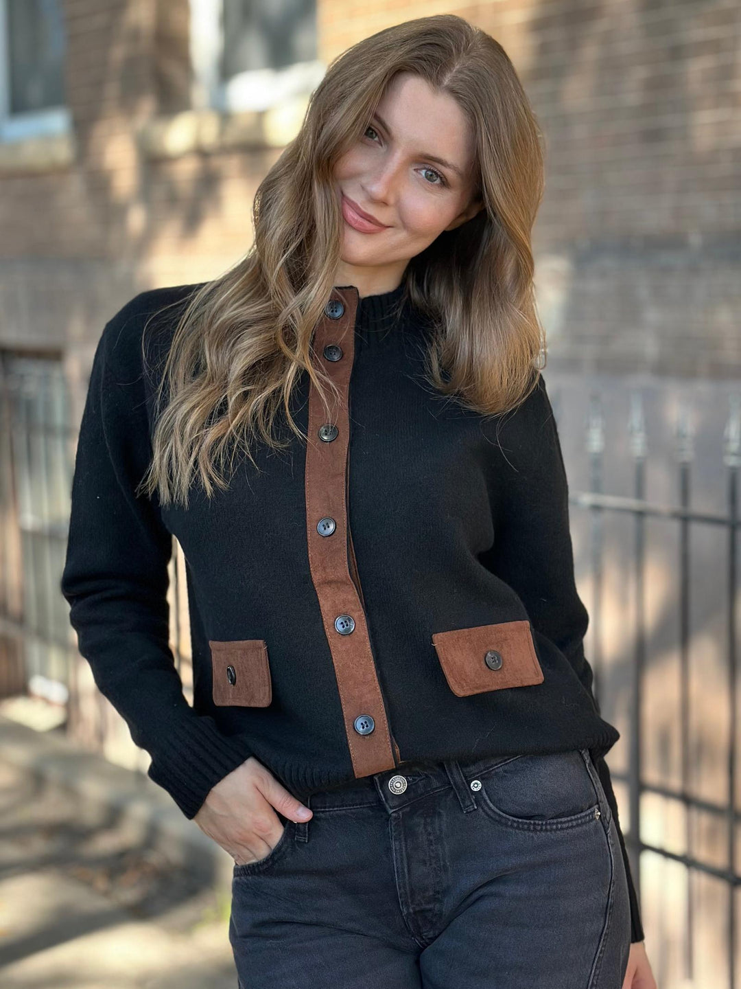 Suede Accented Mock Neck Button Down Coat