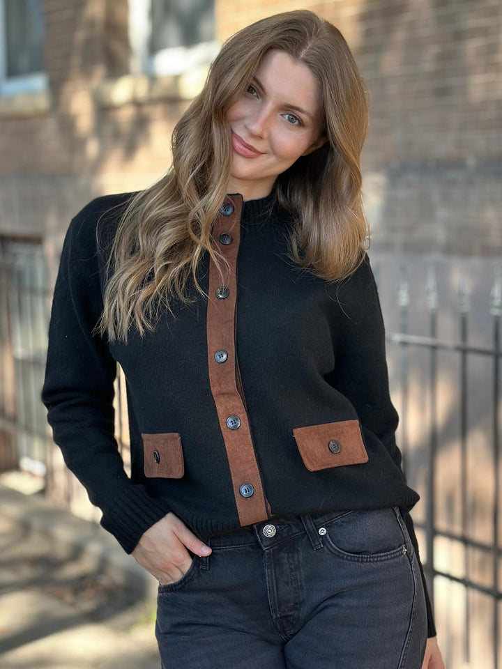Suede Accented Mock Neck Button Down Coat
