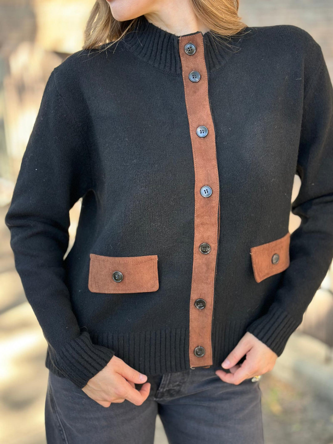 Suede Accented Mock Neck Button Down Coat