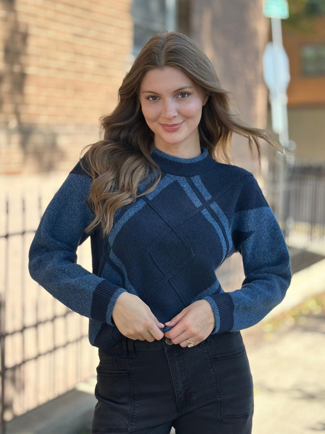 Democracy Long Sleeve Mock Neck Argyle Sweater