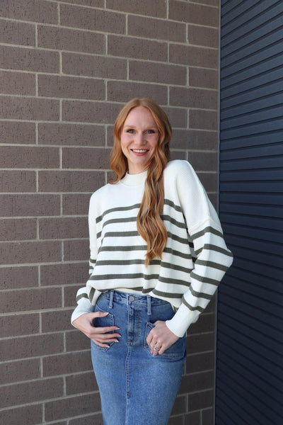 green and white stripe sweater