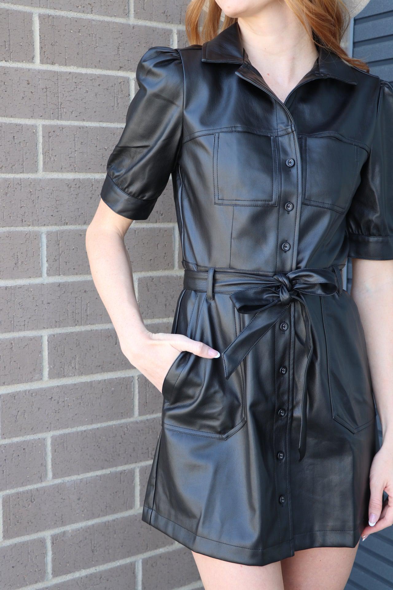 belted faux leather dress
