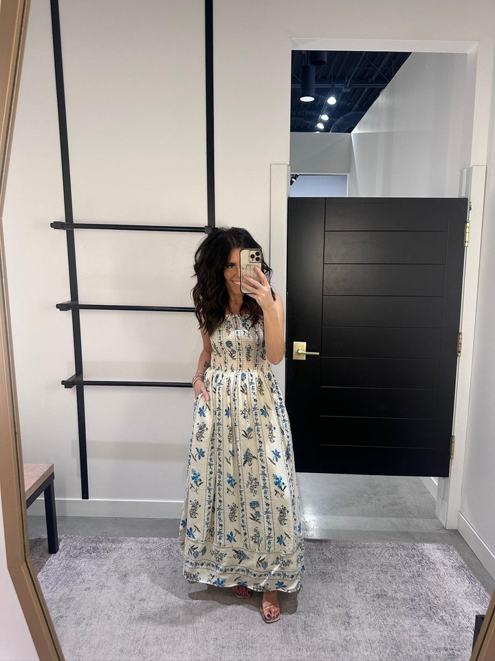 white and blue floral stripe dress