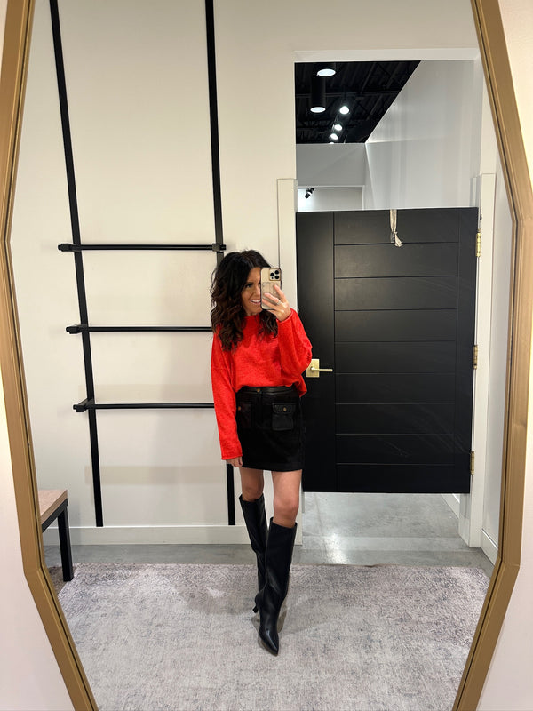 red oversized sweater