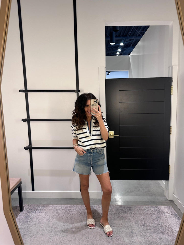 Contrast Denim Collared Stripe Sweater Top