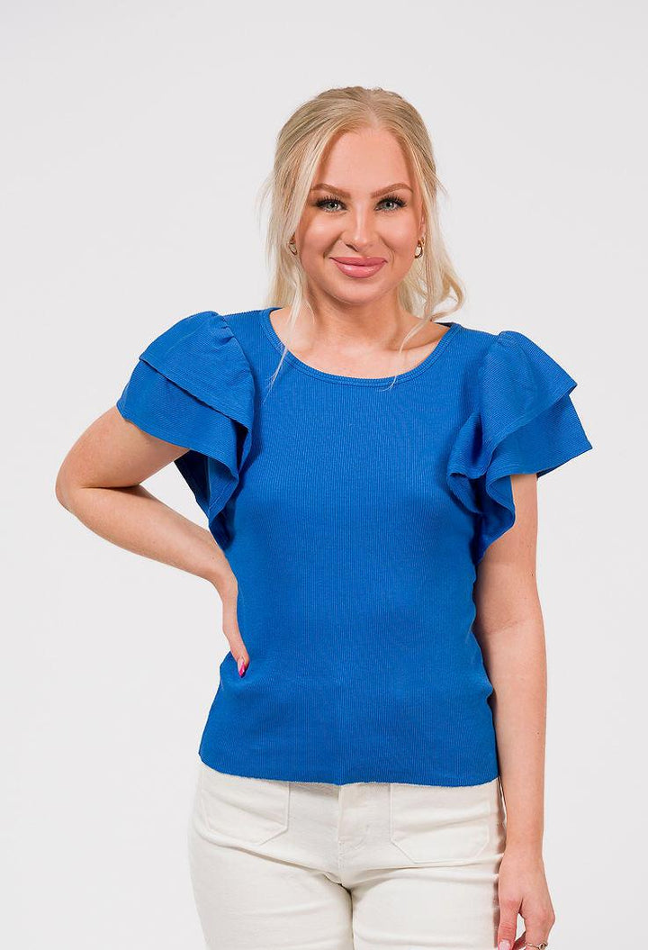 bright blue layered sleeve shirt