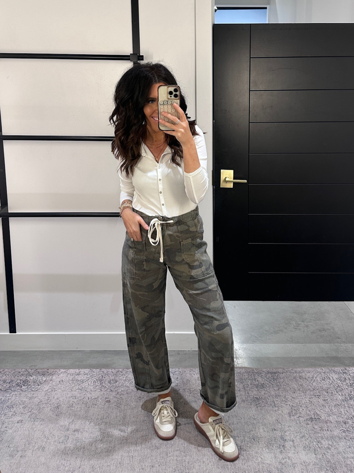 camo drawstring barrel pant