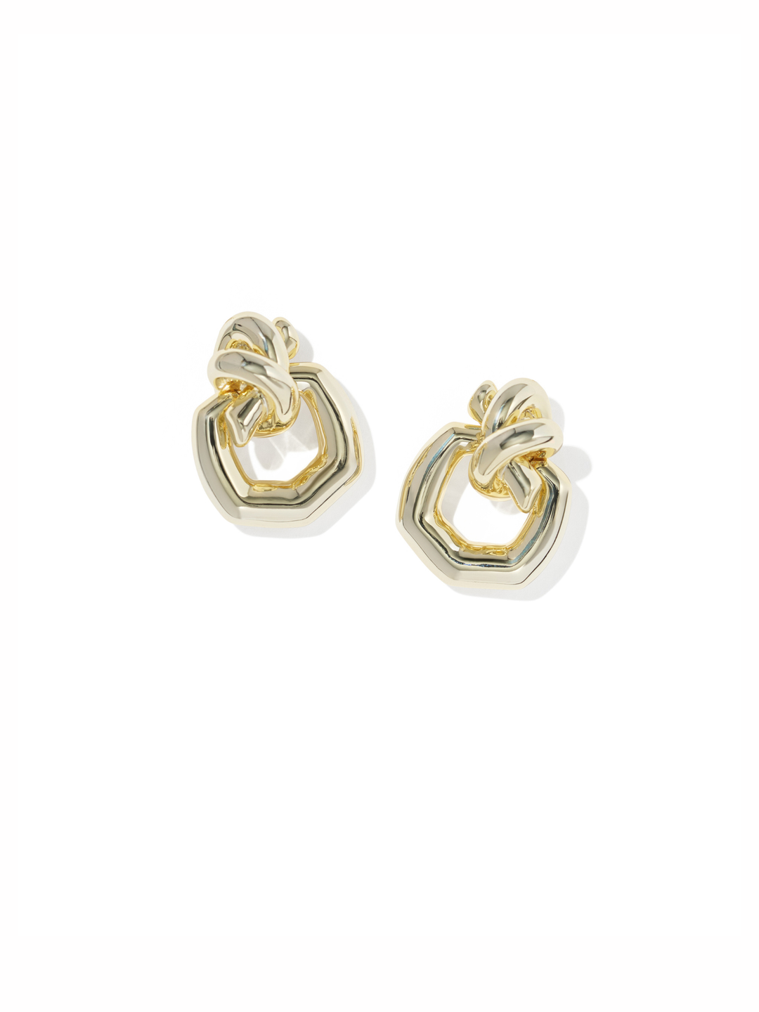 A pair of gold-toned geometric hoop earrings with a knotted top detail, shown on a plain white background.