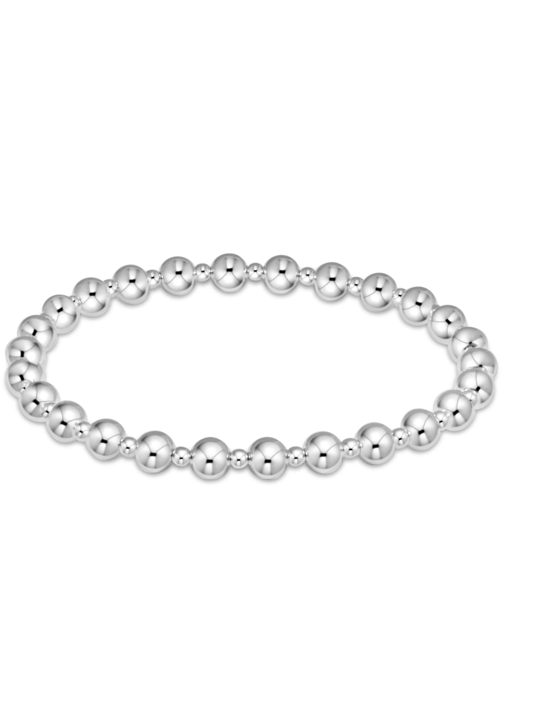 A silver beaded stretch bracelet with polished metallic round beads, displayed against a solid white background.