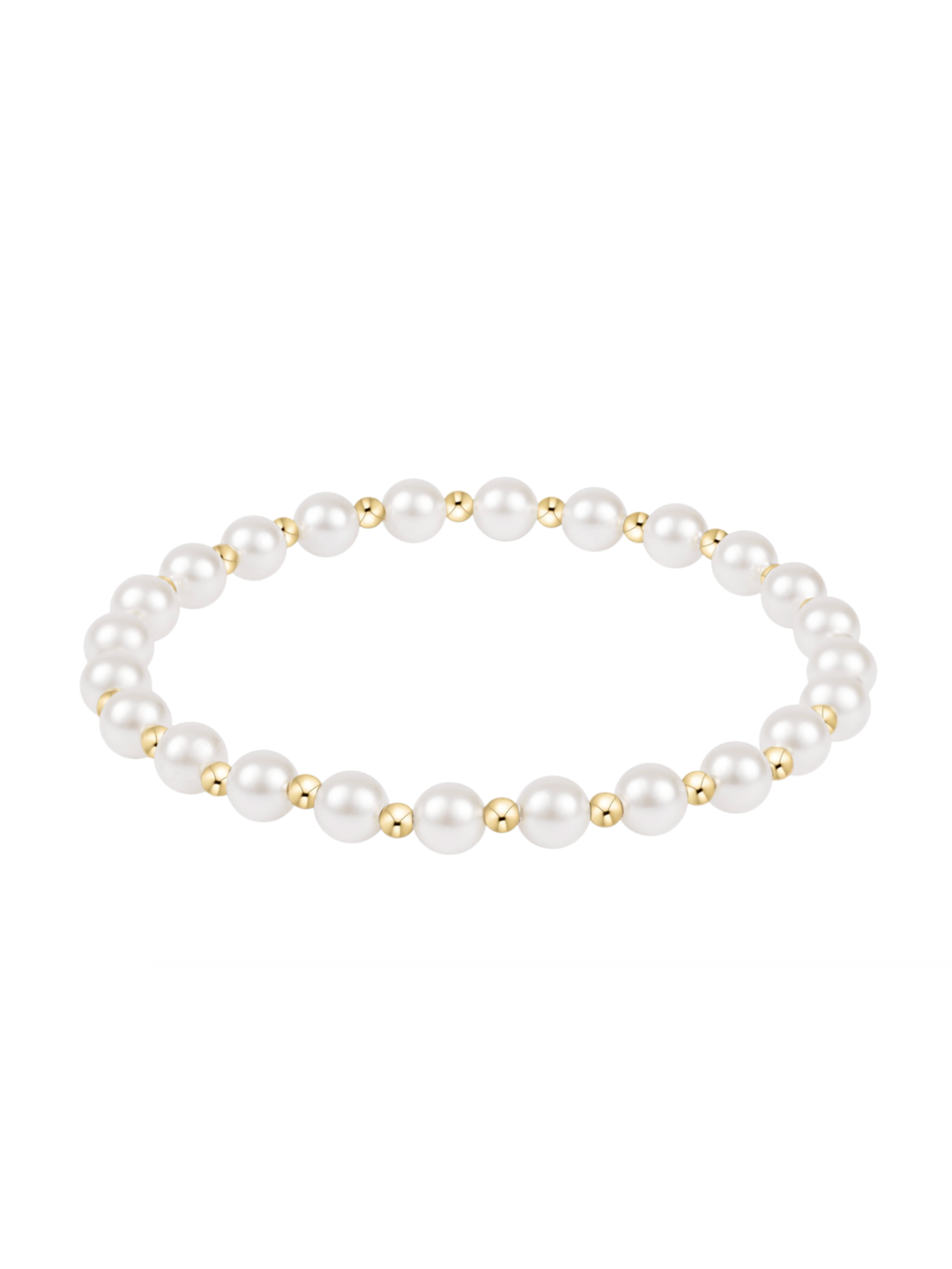 A single-strand pearl stretch bracelet with alternating white pearls and small gold spacer beads, shown on a plain white background.