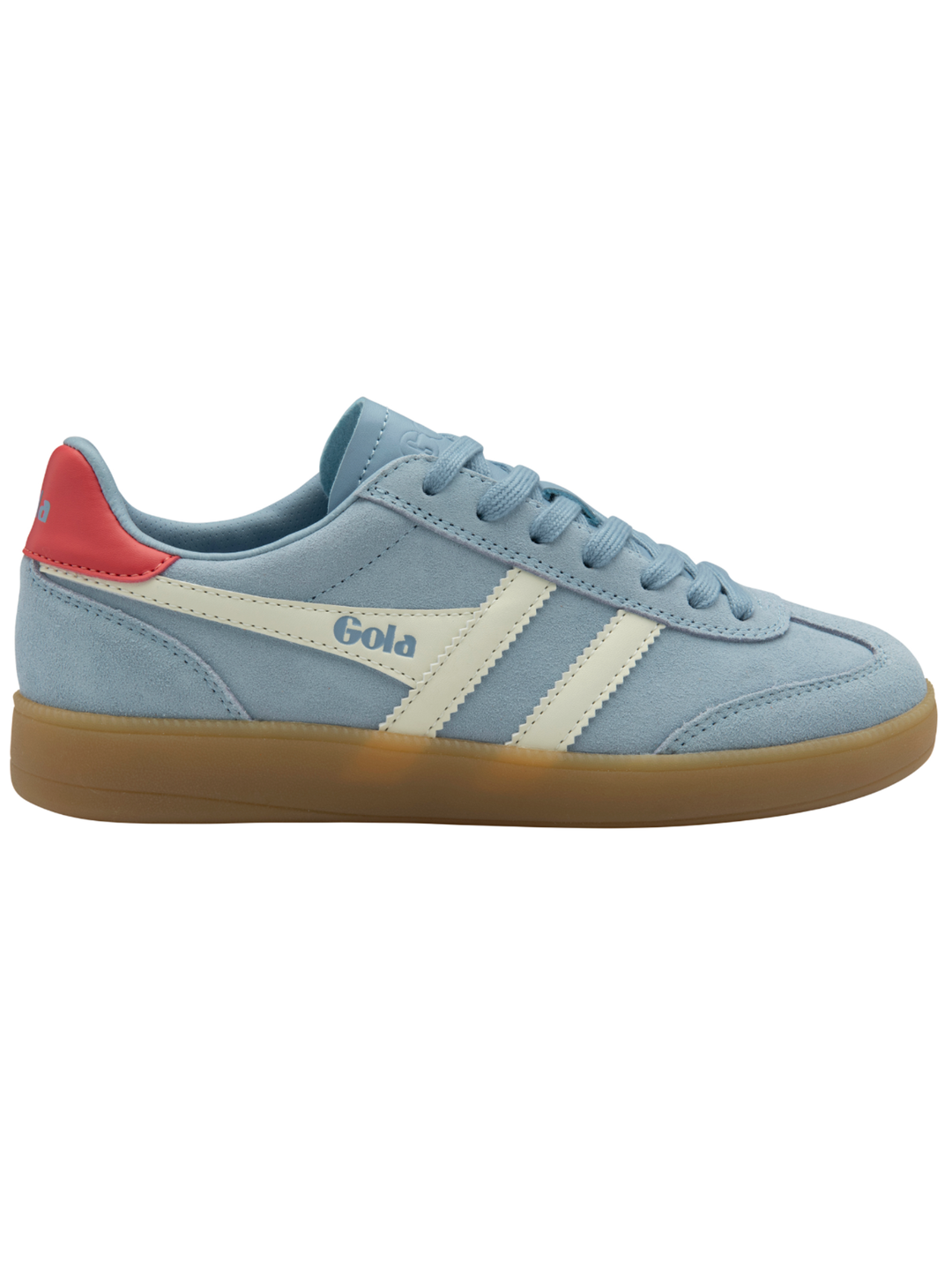 A light blue suede sneaker with cream side stripes, a red heel tab, and a brown gum sole, shown from the side on a white background.