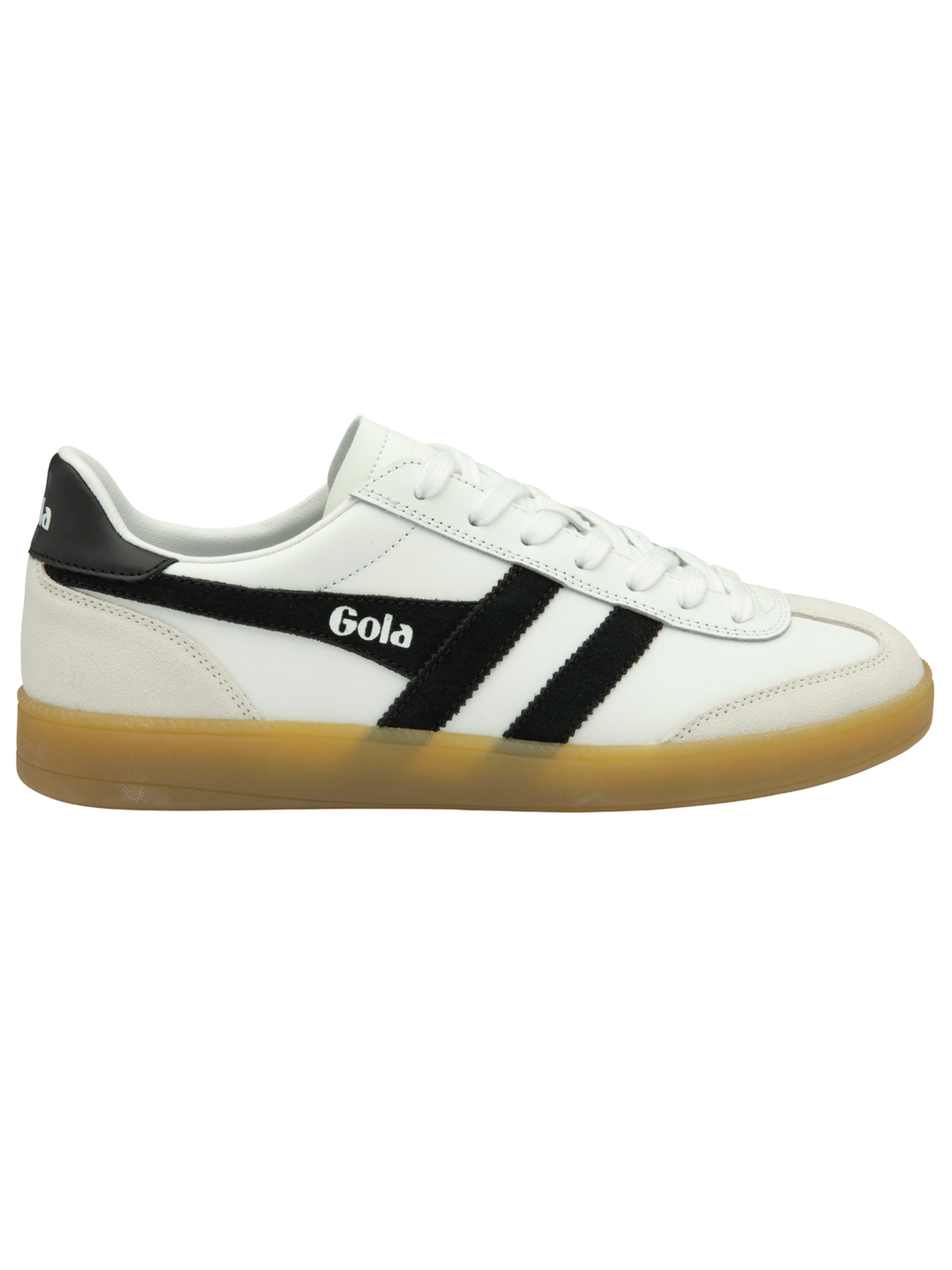 A white leather Gola sneaker with black three-stripes and a gum sole, shown in a side profile on a white background.