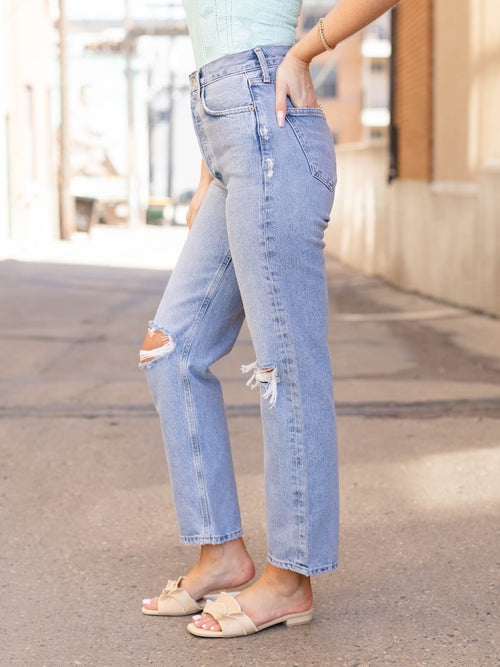 distressed knee light wash high rise denim