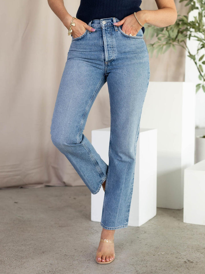 light wash straight leg agolde denim