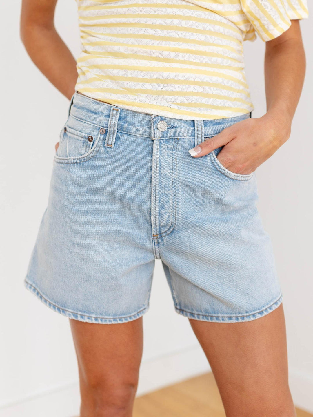 long inseam light wash shorts