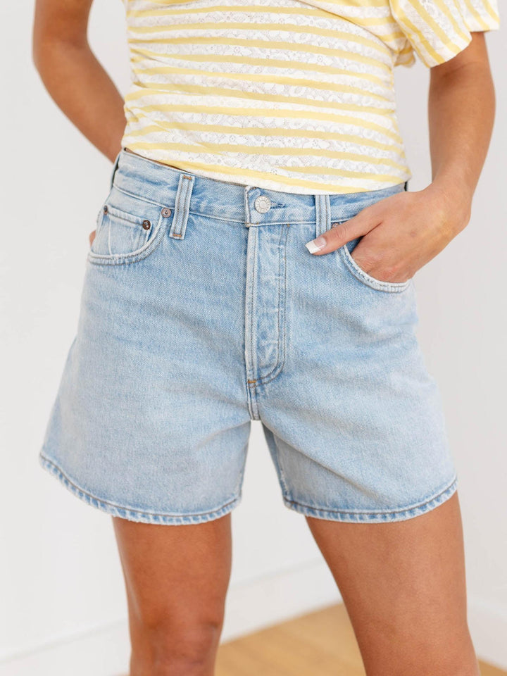 long inseam light wash shorts