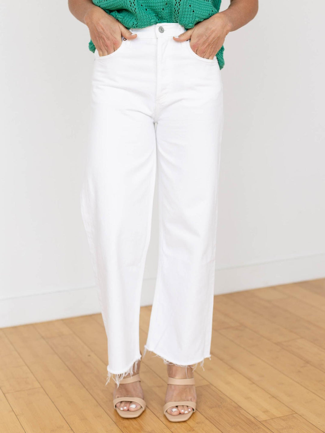 white frayed hem wide leg denim