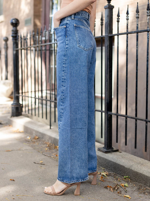 medium wash wide leg denim