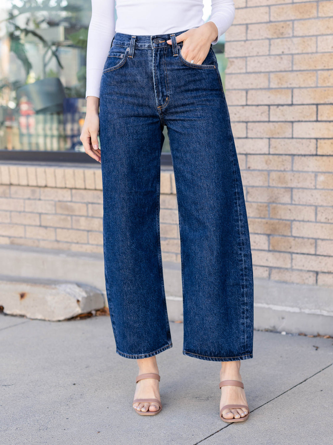 dark wash barrel jeans