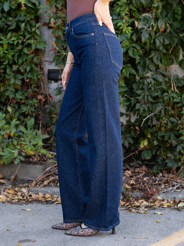 contrast stitch dark rinse denim