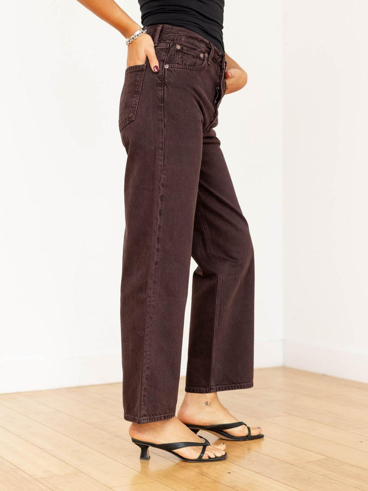 dark berry colored wide leg denim