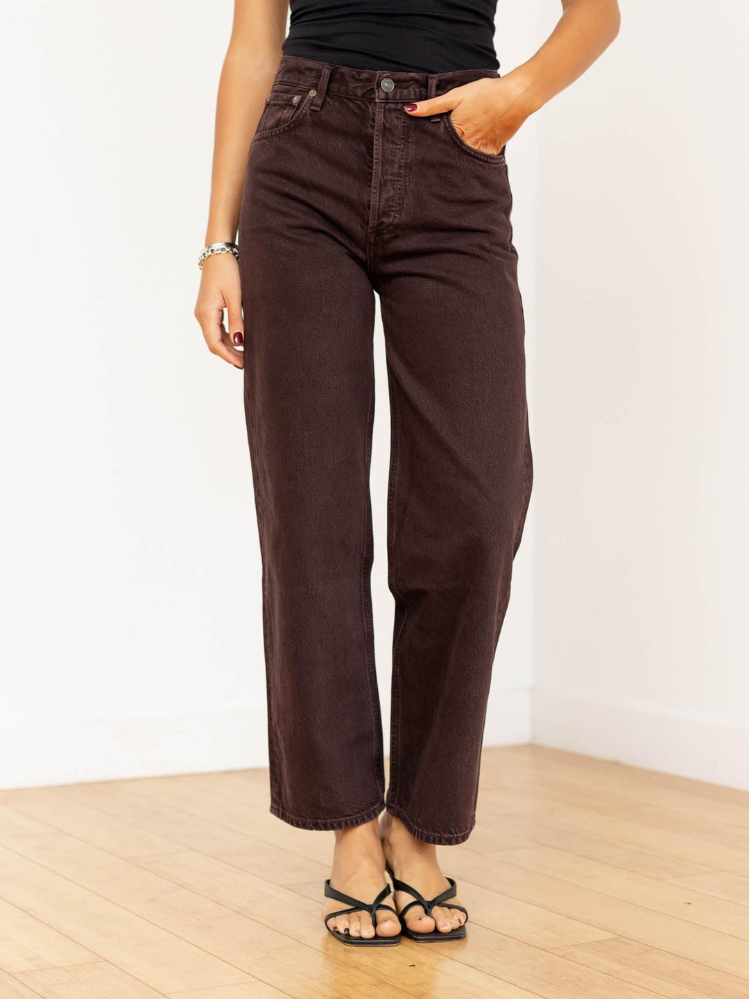 dark berry colored wide leg denim