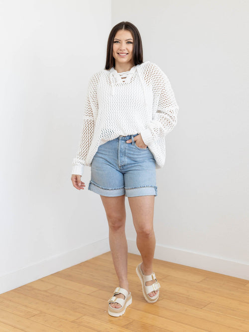 long inseam light wash cuffed shorts