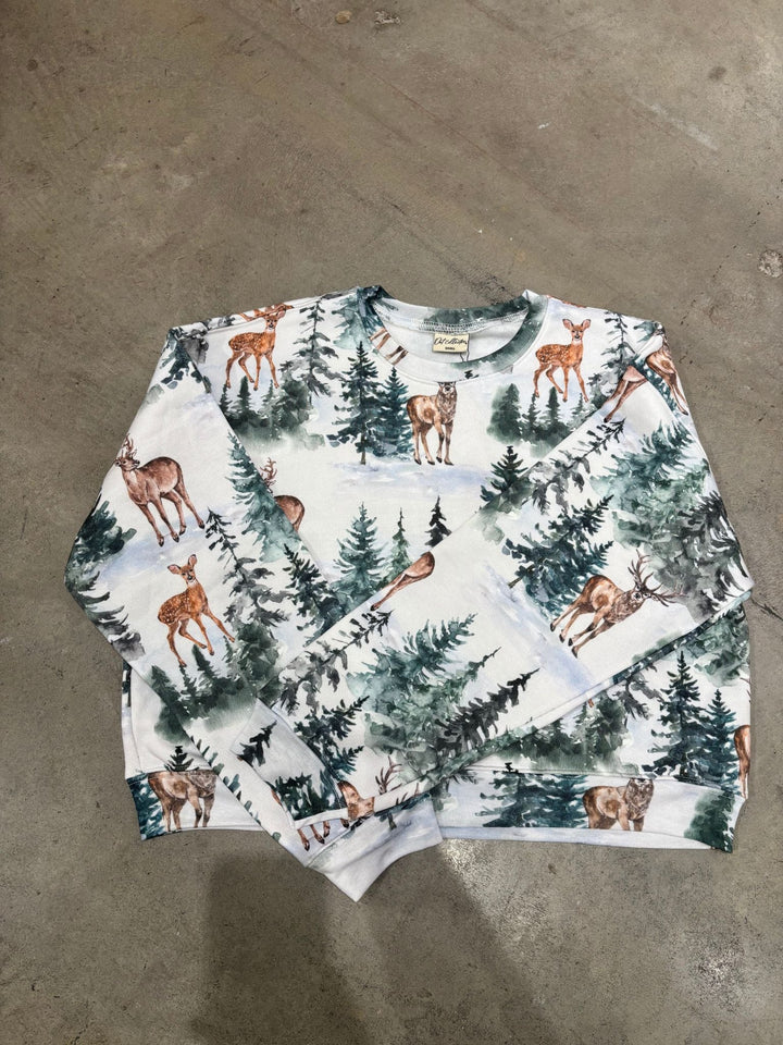 tree and deer printed sweatshirt