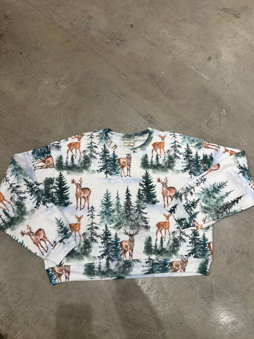 tree and deer printed sweatshirt