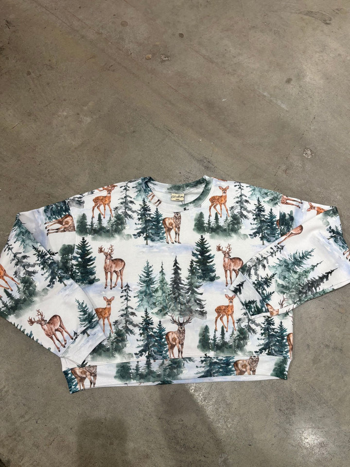 tree and deer printed sweatshirt
