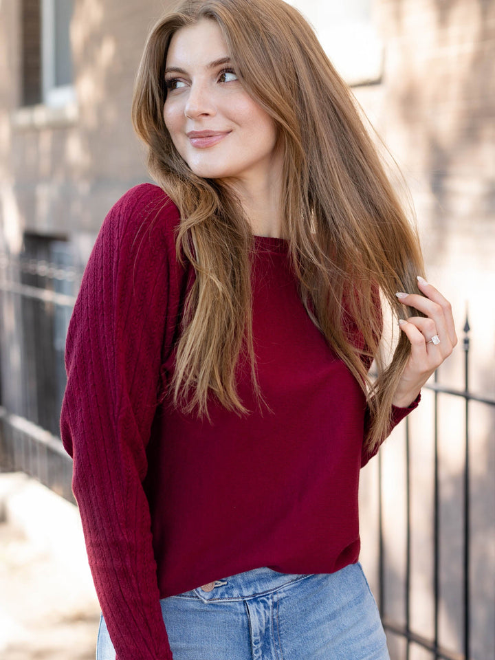 pointelle sleeve wine colored sweater